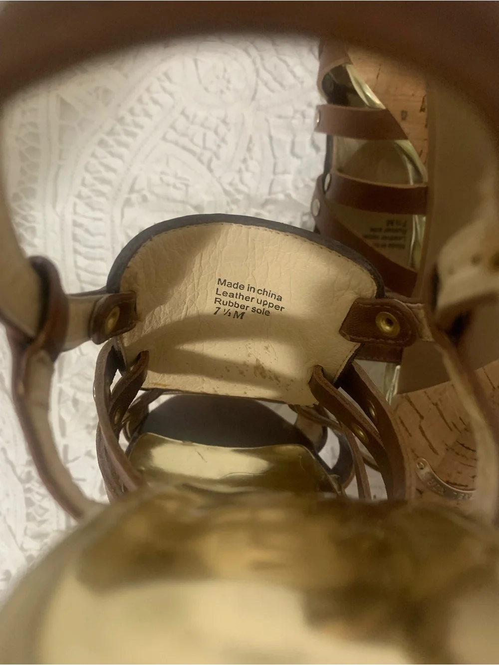 Michael Kors Laci Cork Heel Gold Rivets Ankle Buckle Size 7 1/2 MK Heel Monogram